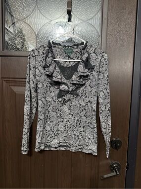 Lauren Ralph Lauren Black and White Paisley Ruffle-Neck Blouse
